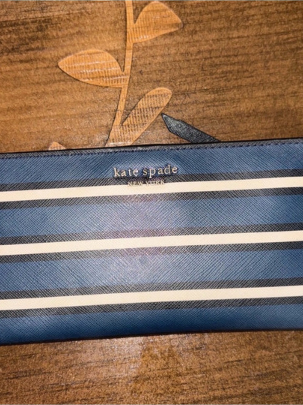 kate spade Blue and White Striped Zip Wallet with Gold Logo